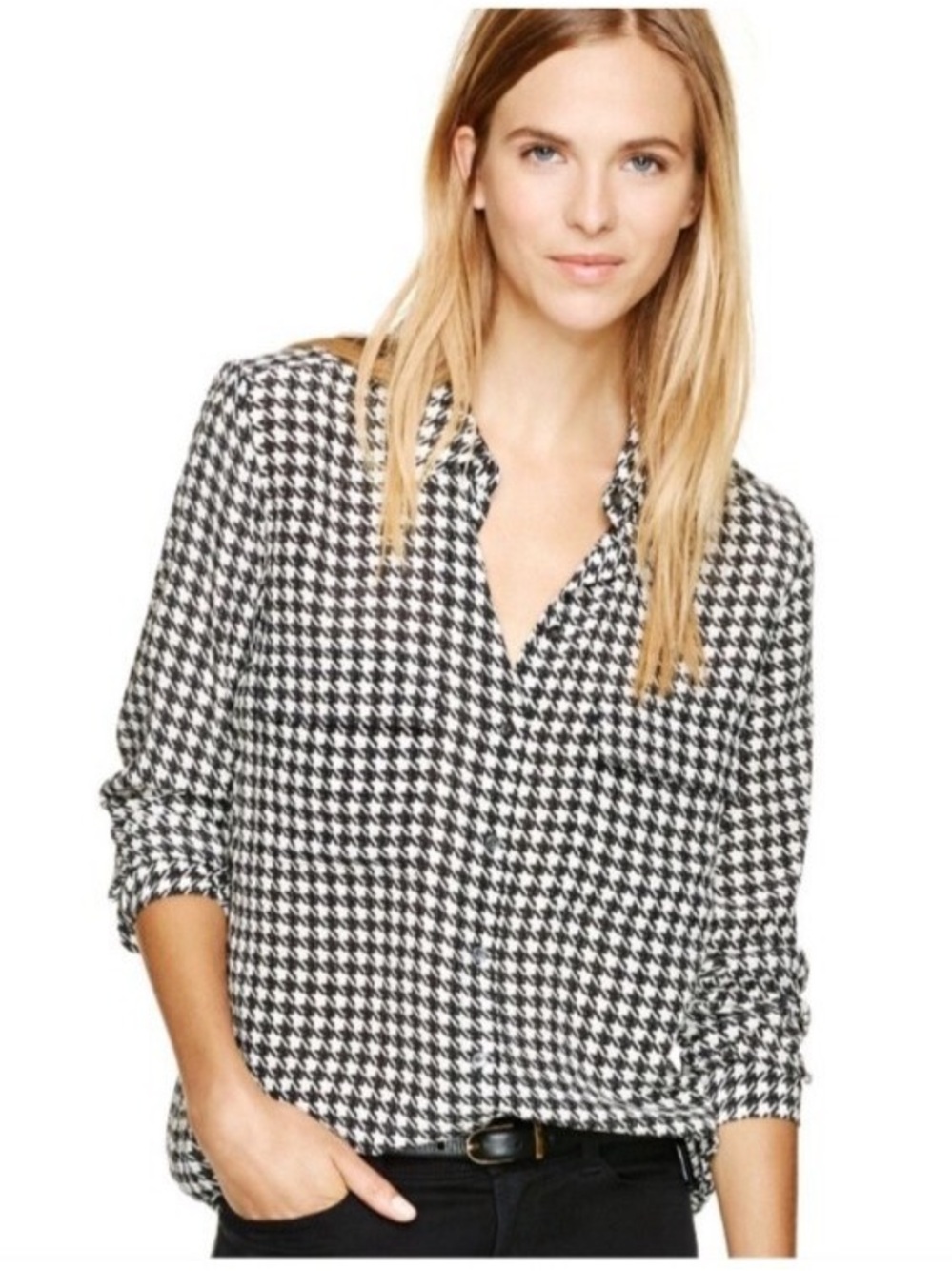 Black & White Houndstooth Button-Up Women's Blouse